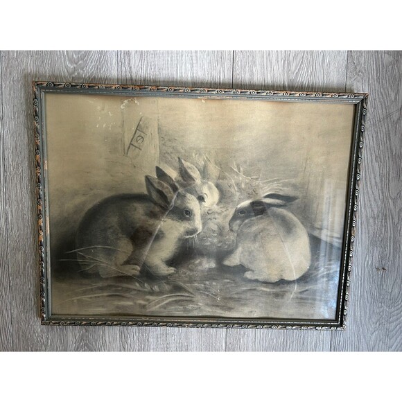 Vintage 1895 Bunny Rabbit Charcoal Crayon Drawing Framed Art Cottage Decor - Picture 4 of 9